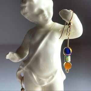 Gold tone earrings with blue and green Czech glass beads